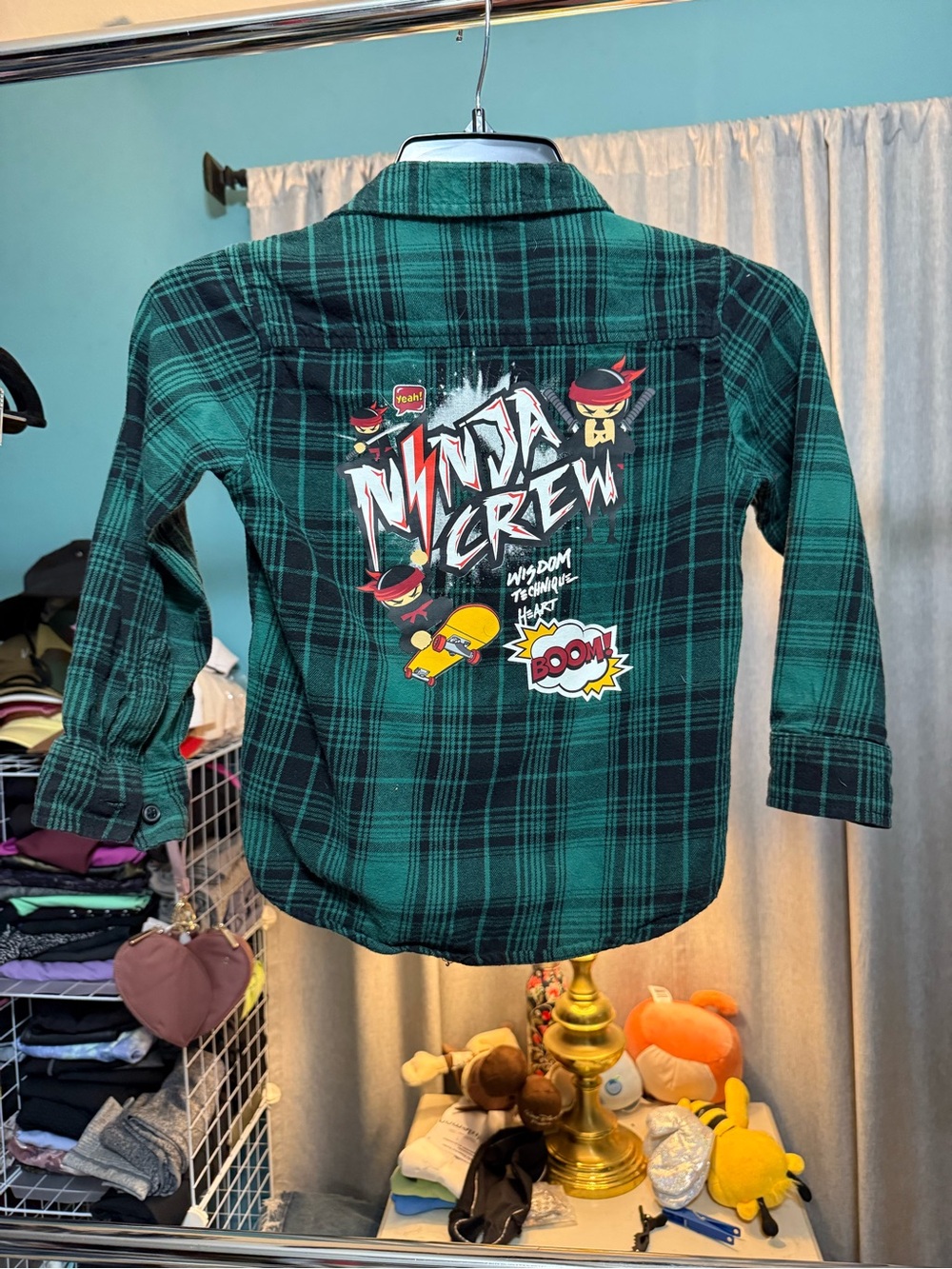 365 Kids Garanimals Boys Size 6 Ninja Crew Green Plaid Flannel Shirt
